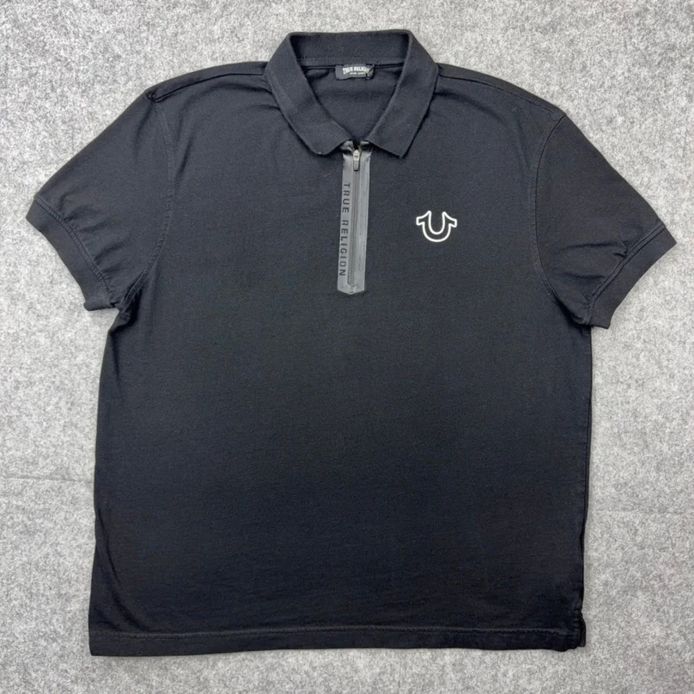 True Religion Shirt Mens XL Black Logo‎ Zipper Tape Polo Horseshoe Short Sleeve